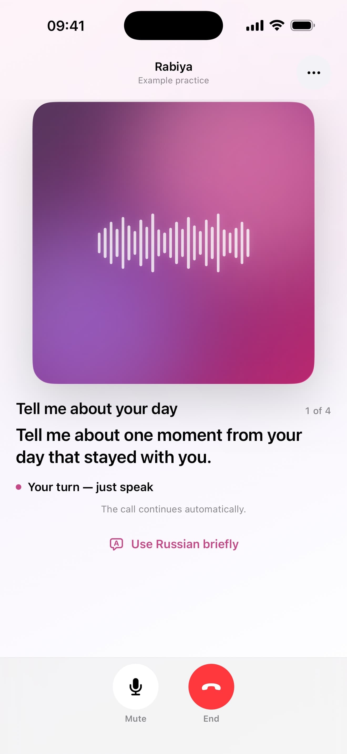 Actual Rabiya iOS conversation screen. Example prompt: Tell me about one moment from your day that stayed with you. This is a screenshot, not a live microphone session.